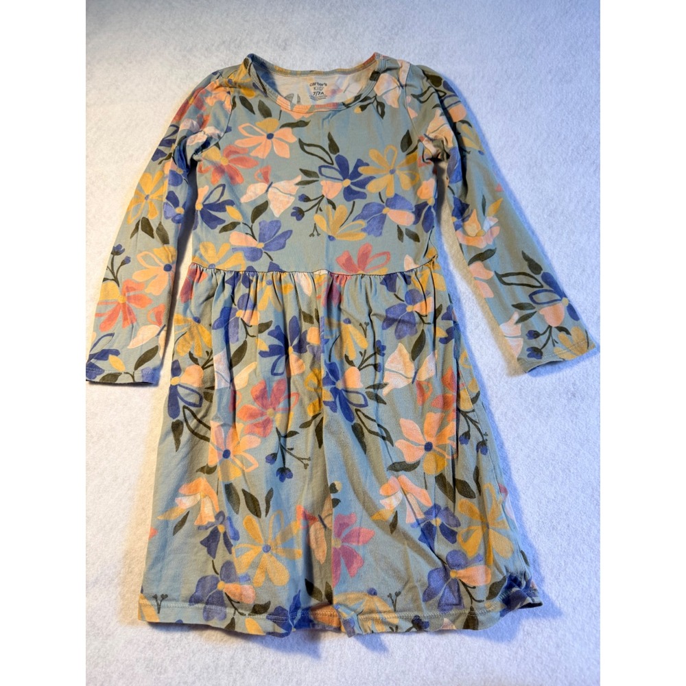 Carters Kid Girls Floral Long Sleeve Cotton Jersey Dress Sage Green Size 7 7A